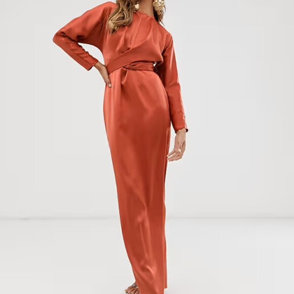 ASOS DESIGN satin maxi dress with batwing sleeve and wrap waist in Soft Rust - Picture 1 of 3